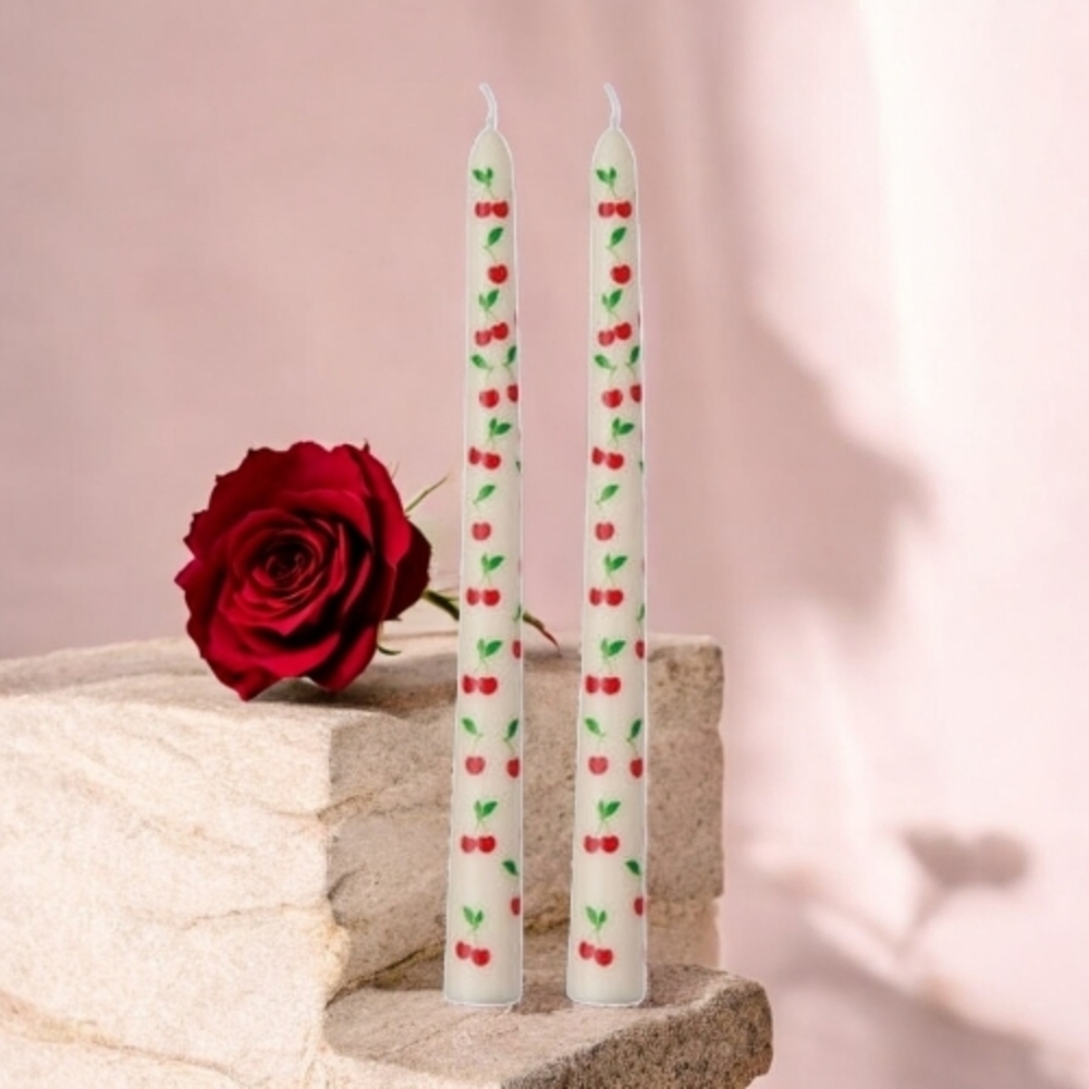 Nwt Cherry Design Taper Candles - White with Red and Green Accents - Picture 1 of 3